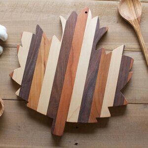 Handmade Maple Leaf Cutting & Serving Board – in Striped Maple, Cherry & Walnut